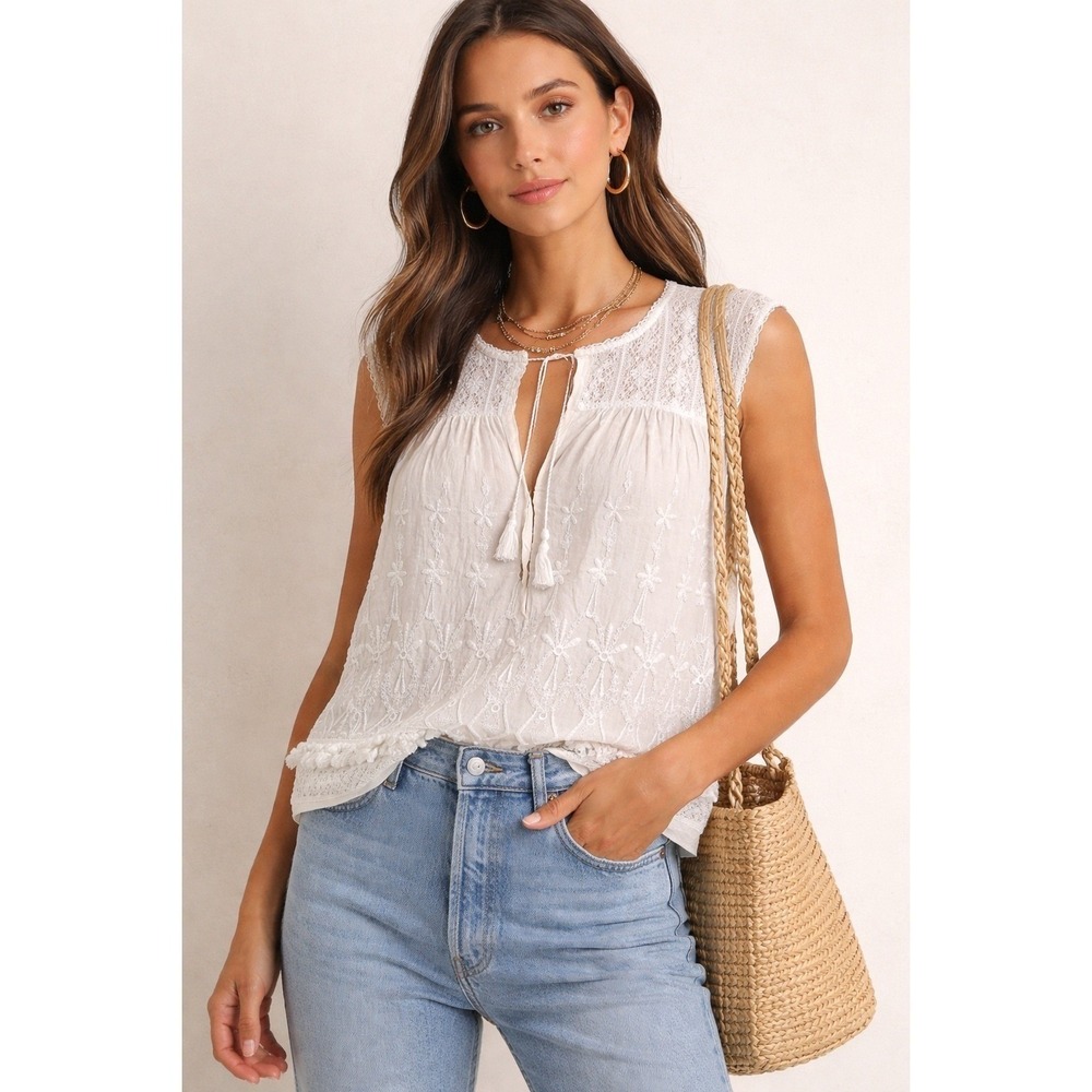 Ulla Johnson 10 Ivory Silk Embroidered Lace Tassel Fringe Sleeveless Boho Blouse